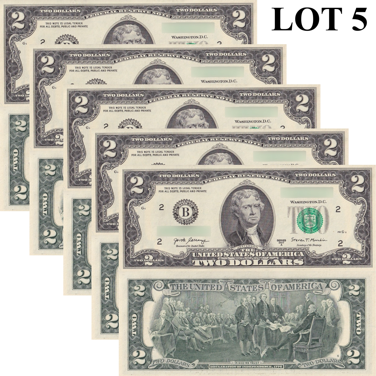 United States USA 2 Dollar 2017A P 545 "B" New York UNC 1/20 Bundle Lot 5 pcs