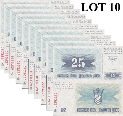 Bosnia & Herzegovina 25 Dinara 1992 P 11 UNC 1/10 Bundle Lot 10 pcs