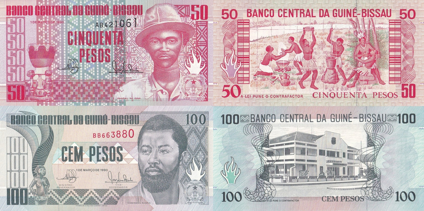 Guinea Bissau 50 100 Pesos 1990 P 10 11 UNC Set 2 pcs