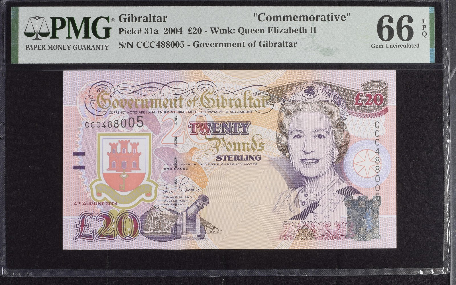 Gibraltar Commemorative 20 Pounds 2004 P 31a UNC PMG 66 EPQ CCC First Prefix