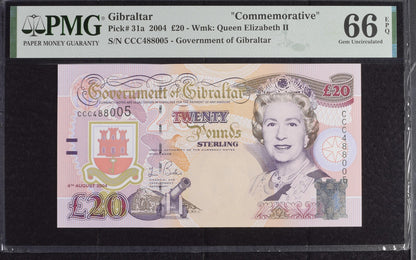 Gibraltar Commemorative 20 Pounds 2004 P 31a UNC PMG 66 EPQ CCC First Prefix