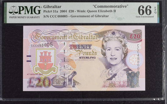 Gibraltar Commemorative 20 Pounds 2004 P 31a UNC PMG 66 EPQ CCC First Prefix