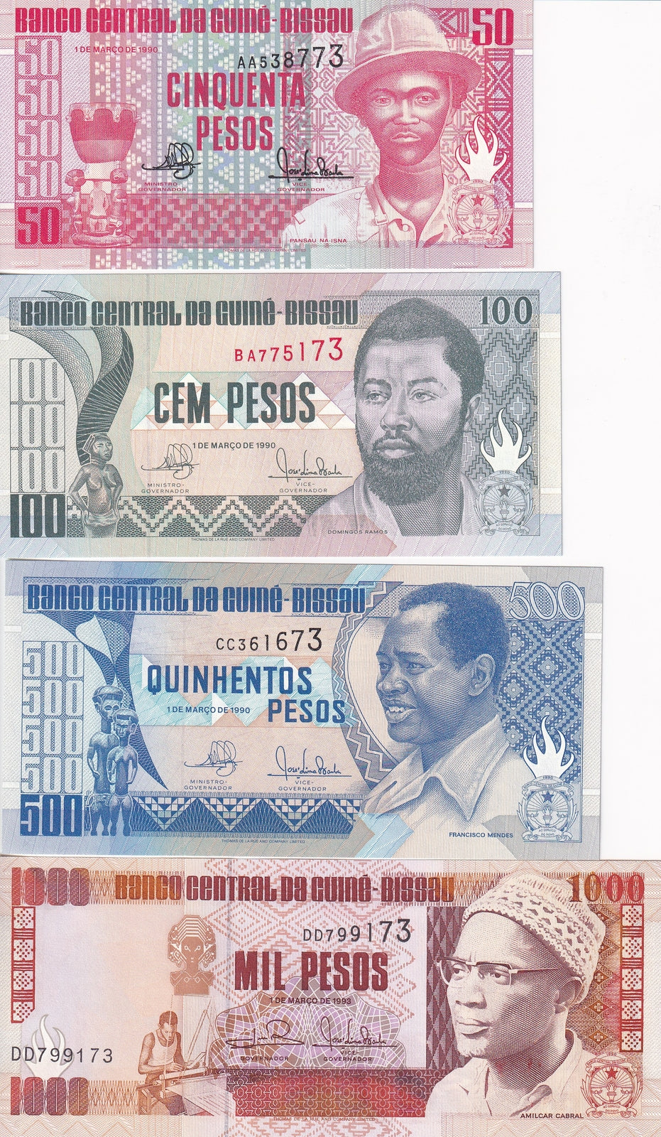 Guinea Bissau 50 100 500 1000 Pesos 1990-1993  P 10 11 12 13 Set 4 pcs.