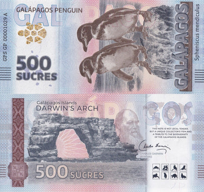Galapagos Souvenir Note 500 Sucres Galapagos Penguin UNC Test Note