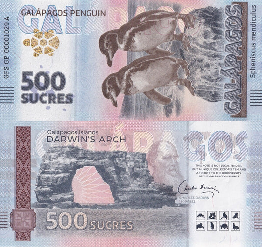 Galapagos Souvenir Note 500 Sucres Galapagos Penguin UNC Test Note