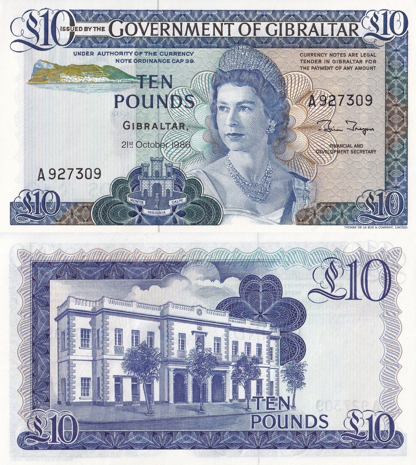 Gibraltar 10 Pounds 1986 P 22b Queen Elizabeth II UNC