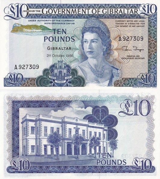 Gibraltar 10 Pounds 1986 P 22b Queen Elizabeth II UNC