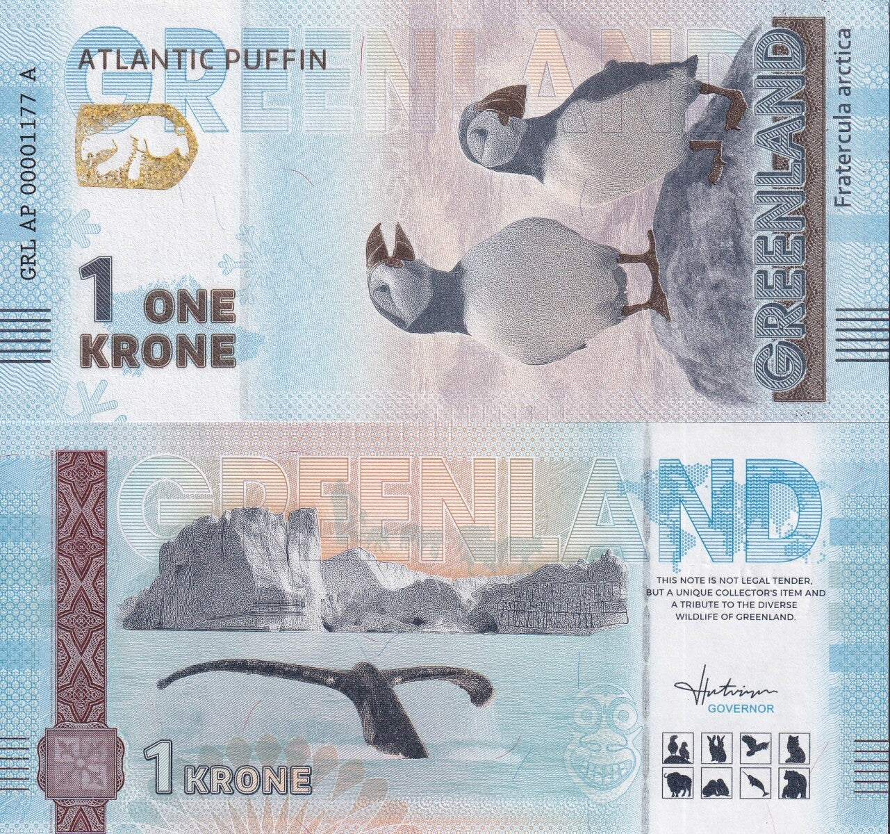 Greenland Souvenir Note 1 Krone Atlantic Puffin UNC Test Note