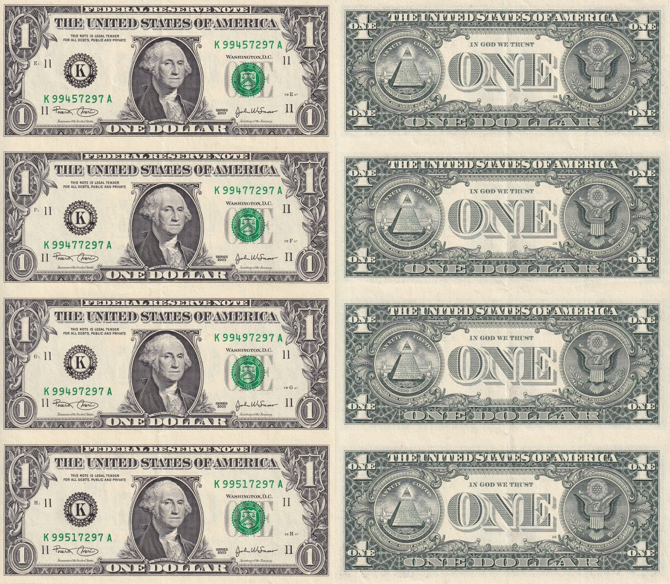 United States USA 1 Dollar 2003 P 515a ''K'' Dallars TX AU UNCUT 4 IN 1