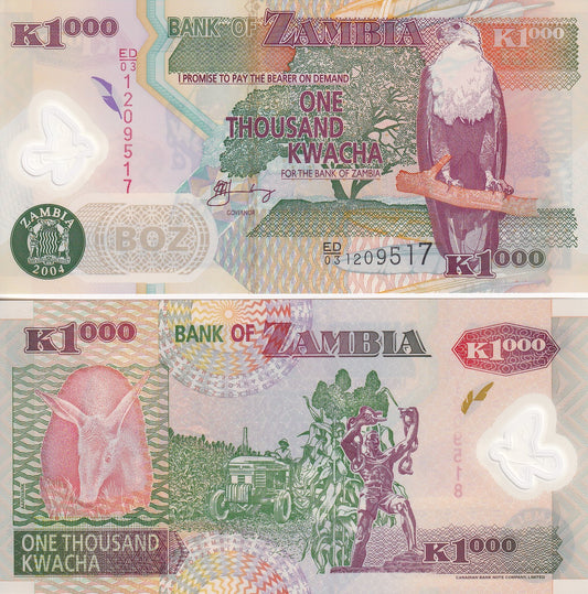 Zambia 1000 Kwacha 2004 P 44c Polymer UNC