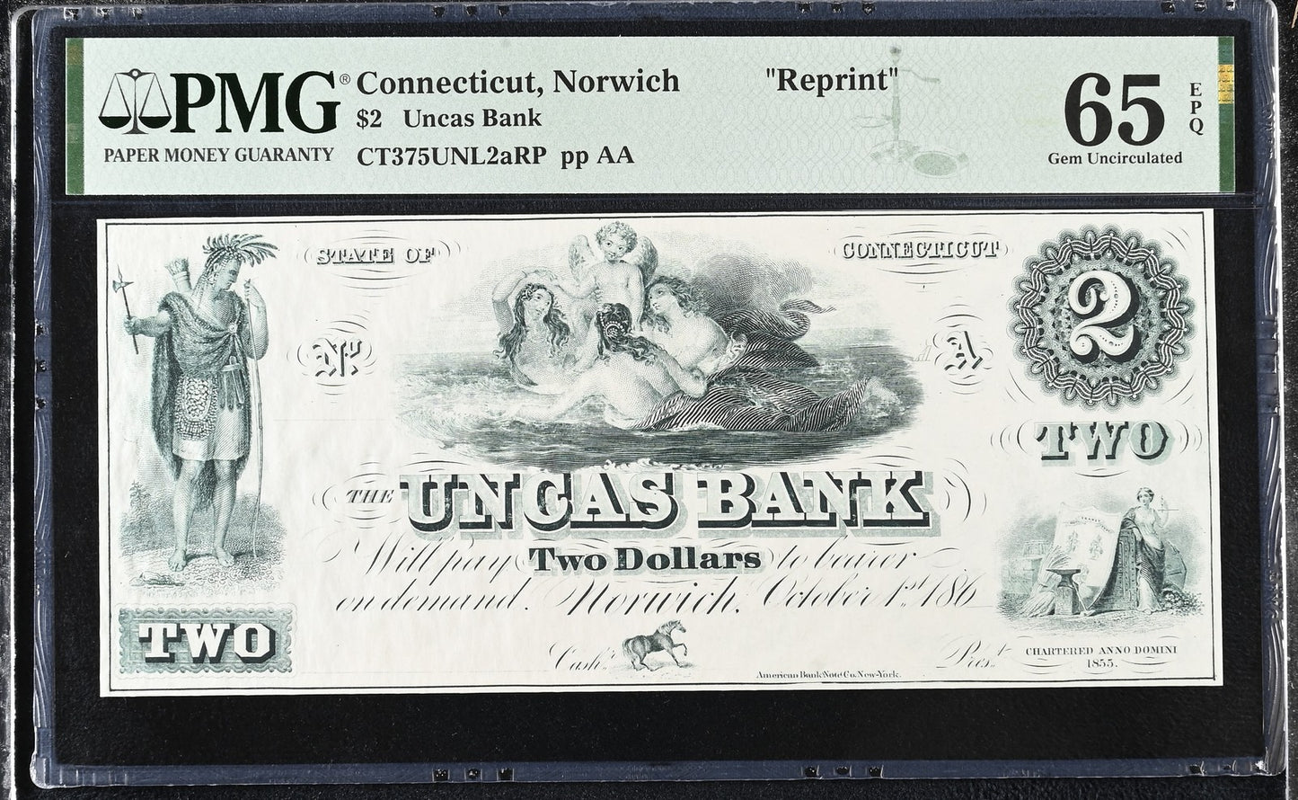 Connecticut Norwich Reprint 1-5$ Obsolete Bank Note UNC PMG 65 EPQ Set 3 pcs