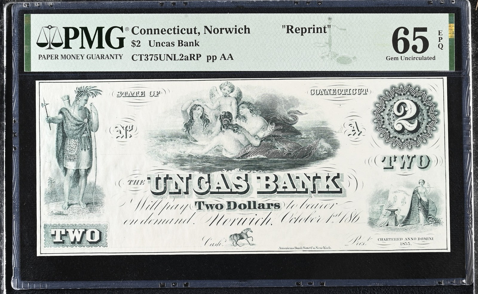 Connecticut Norwich Reprint 1-5$ Obsolete Bank Note UNC PMG 65 EPQ Set 3 pcs