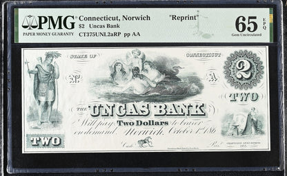 Connecticut Norwich Reprint 1-5$ Obsolete Bank Note UNC PMG 65 EPQ Set 3 pcs