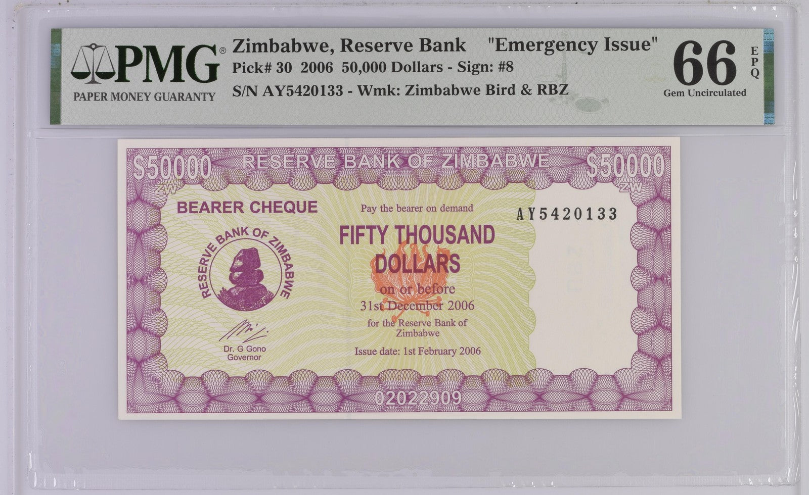 Zimbabwe 50000 Dollars 2006 P 30 Emergency Issue UNC PMG 66 EPQ 3rd TOP POP