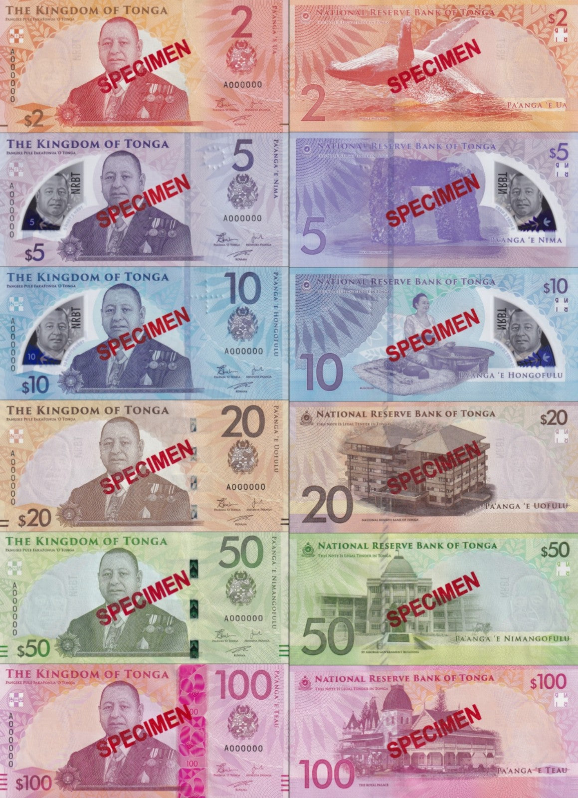 Tonga 2 5-100 Pa'anga 2023(2024) P 50 51-55 Paper Polymer UNC SPECMEN Set 6 pcs