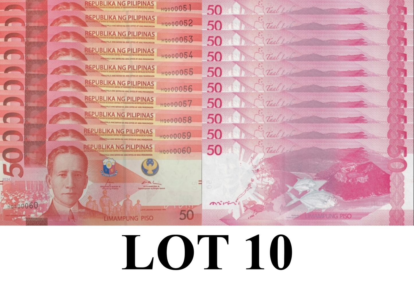 Philippines 50 Piso 2024 P 231A UNC Consecutive Lot 10 pcs LOW S/N 51-60