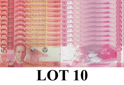 Philippines 50 Piso 2024 P 231A UNC Consecutive Lot 10 pcs LOW S/N 51-60