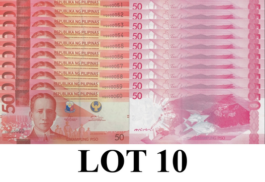 Philippines 50 Piso 2024 P 231A UNC Consecutive Lot 10 pcs LOW S/N 51-60