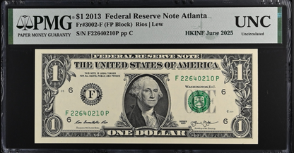 USA Fedral Reservee Note Alanta 1 Dollar 2013 P 3002-F HKINF June 2025 UNC PMG