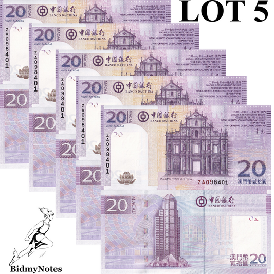 Macau Macao 20 Patacas 2017 P 109 UNC BOC ZA Replacement 1/20 Bundle LOT 5 pcs