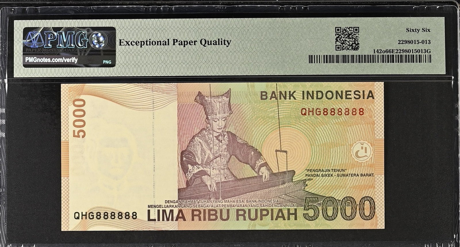 Indonesia 5000 Rupiah 2001 / 2015 P 142o UNC PMG 66 EPQ SOLID 8 - 888888