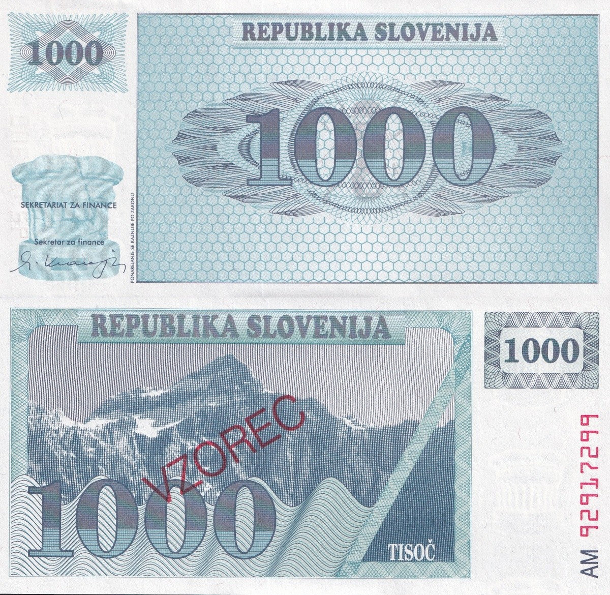 Slovenia 1000 Tolarjev 1992 P 9b UNC SPECIMEN 1/10 Bundle Lot 10 pcs