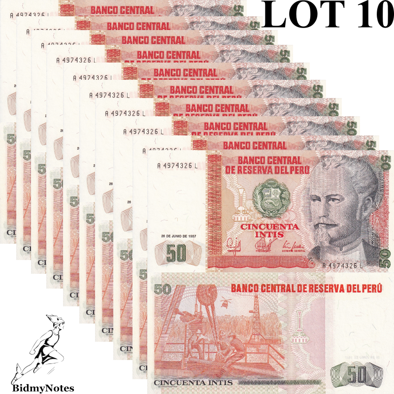 Peru 50 Intis 1987 P 131b UNC 1/10 Bundle LOT 10 pcs