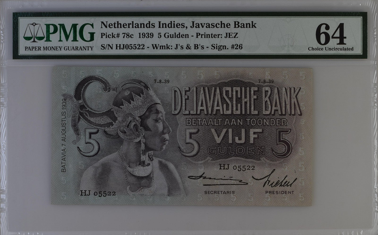 Netherlands Indies Javasche Bank 5 Gulden 1939 P 78c UNC PMG 64
