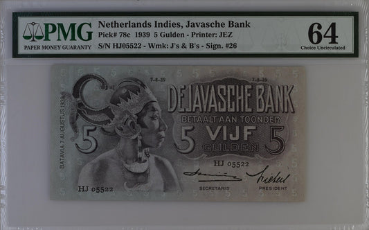 Netherlands Indies Javasche Bank 5 Gulden 1939 P 78c UNC PMG 64