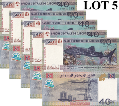 Djibouti 40 Francs 2017 P 46 UNC Commemorative 1/20 Bundle Lot 5 pcs