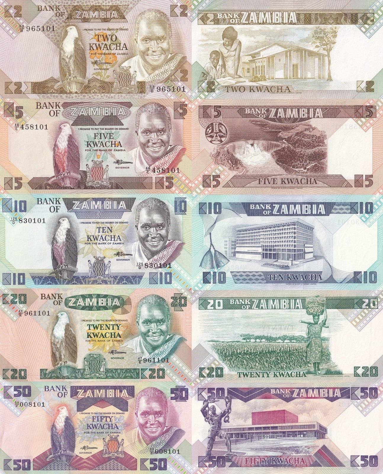 Zambia 2 5 10 20 50 Kwacha ND1980-1988 P 24c 25 26 27 28 UNC Set 5 pcs