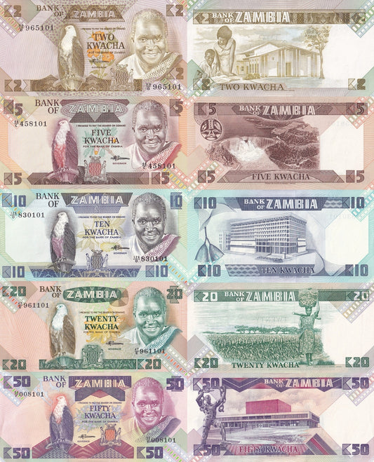 Zambia 2 5 10 20 50 Kwacha ND1980-1988 P 24c 25 26 27 28 UNC Set 5 pcs