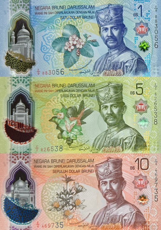 Brunei 1 5 10 Ringgit Dollars 2026 P New Design Polymer UNC Set 3 pcs