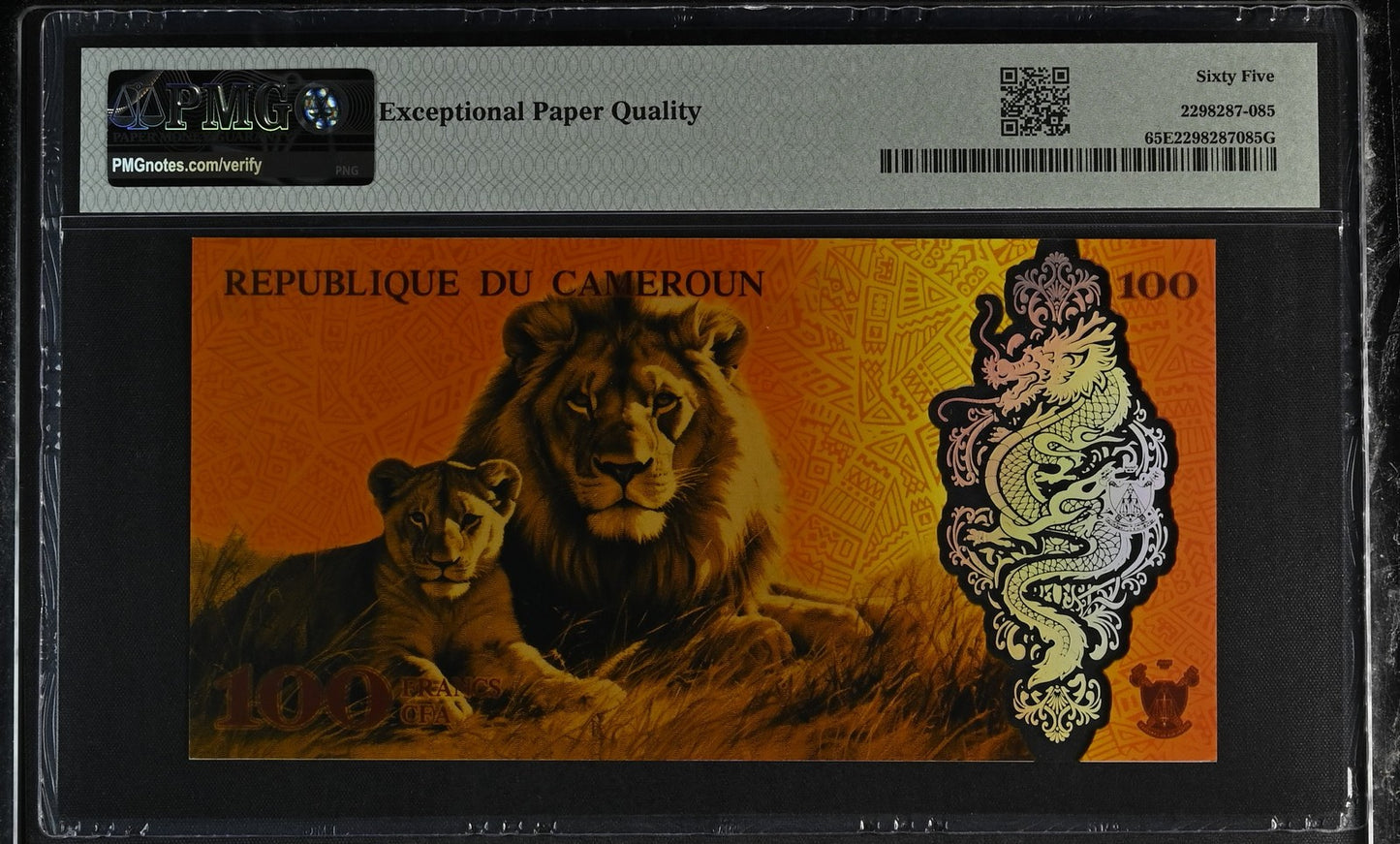 Cameroun 100 Fancs CFA Polymer UNC PMG 65 EPQ AA Prefix Binary No. 01100