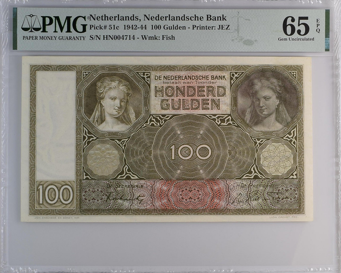 Netherlands 100 Gulden 1942-44 P 51c UNC PMG 65 EPQ LOW S/N 4714 3rd TOP POP