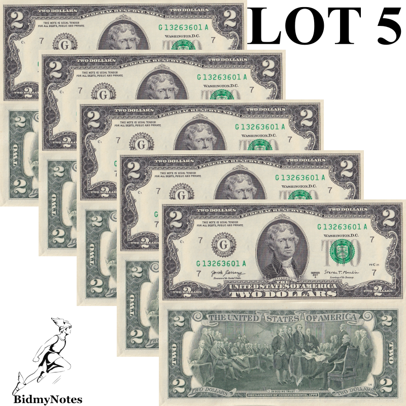 United States 2 Dollar 2017A P 545 UNC ''G'' Chicago IL 1/20 Bundle LOT 5 pcs