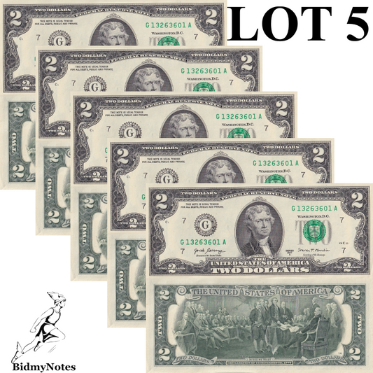 United States 2 Dollar 2017A P 545 UNC ''G'' Chicago IL 1/20 Bundle LOT 5 pcs