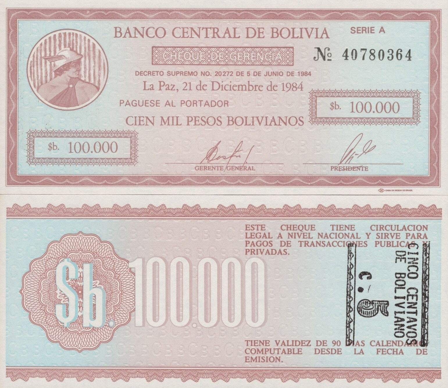 Bolivia 100000 Pesos 1984 P 197x UNC Error Overprint
