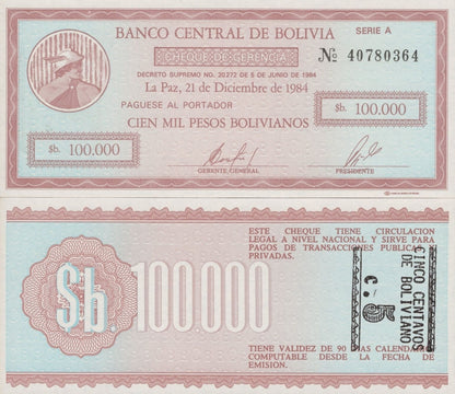 Bolivia 100000 Pesos 1984 P 197x UNC Error Overprint