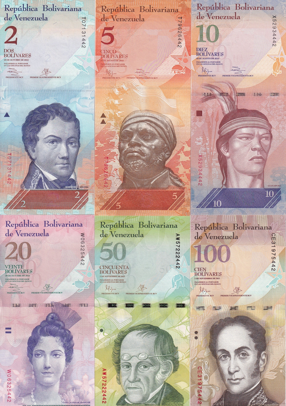 Venezuela 2 5 10 20 50 100 Bolivares 2013-2015 P 88 89 90 91 92 93 UNC Set 6 pcs