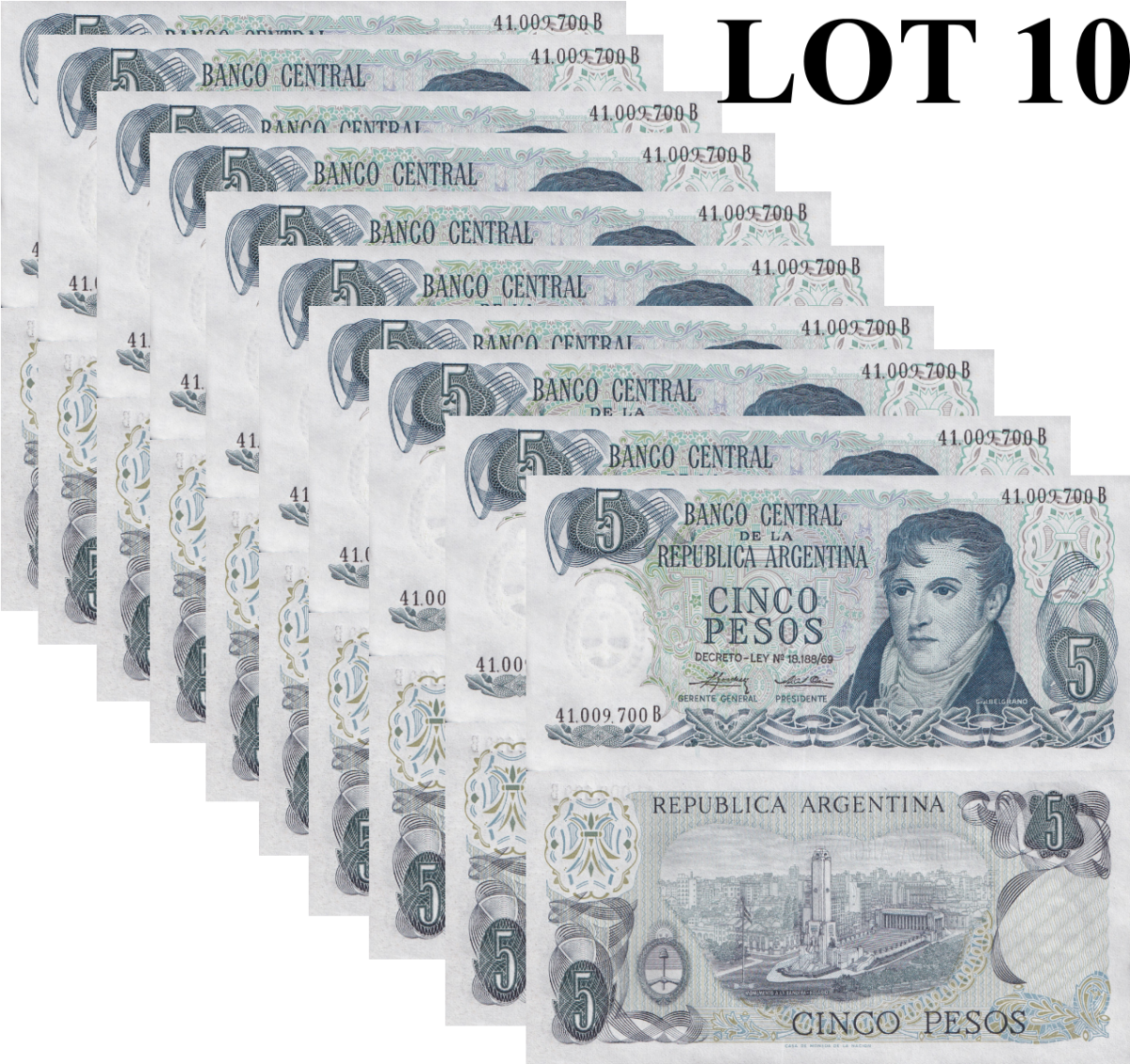 Argentina 5 Pesos ND 1974-1976 P 294 UNC 1/10 Bundle Lot 10 pcs
