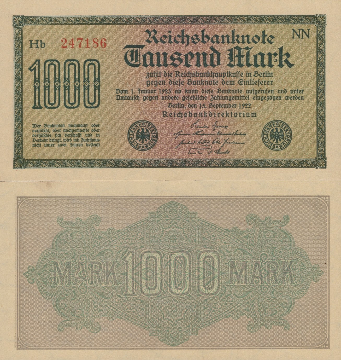 Germany 1000 Mark 1922 P 76 UNC