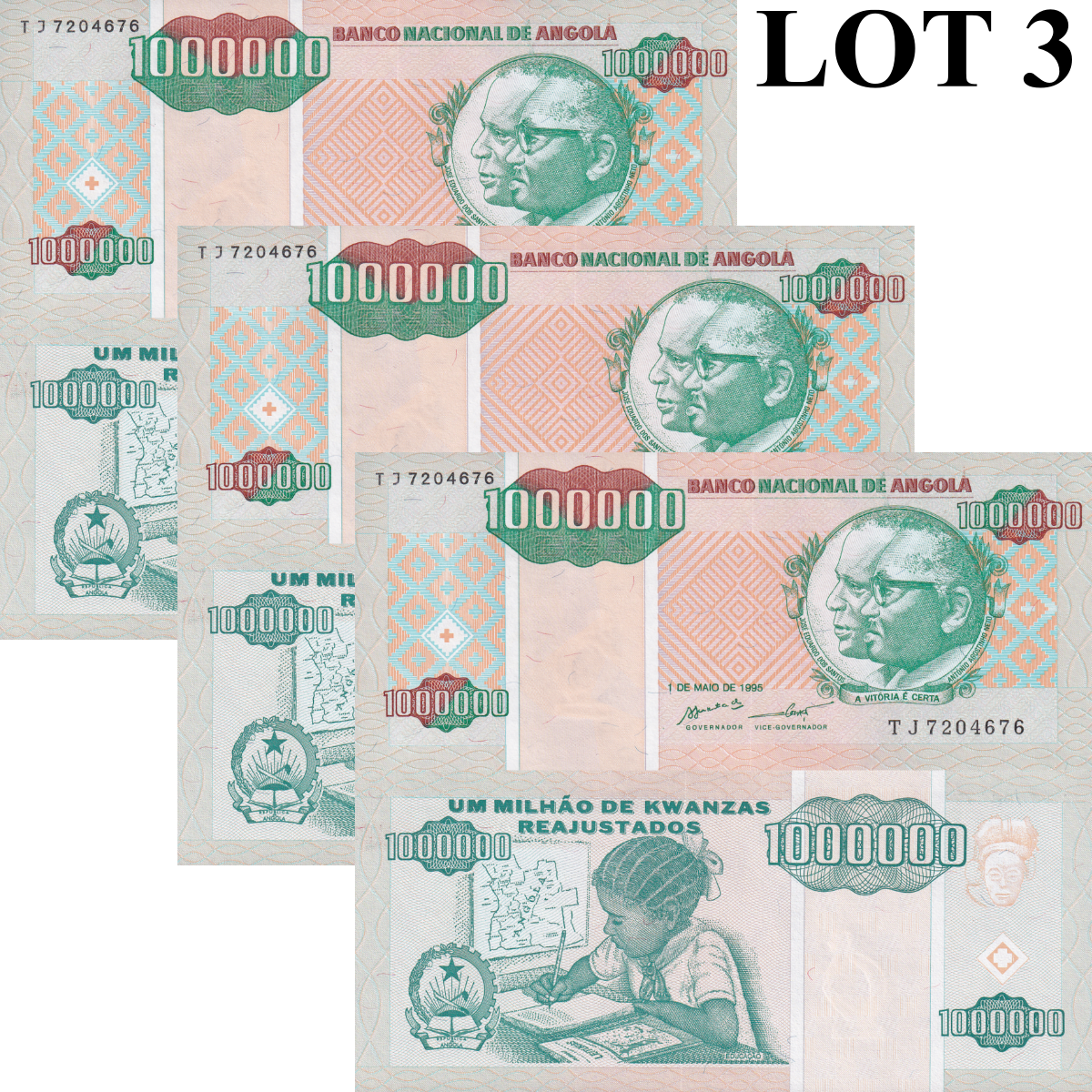 Angola 1000000 Kwanzas Reajustados 1995 P 141 UNC LOT 3 pcs