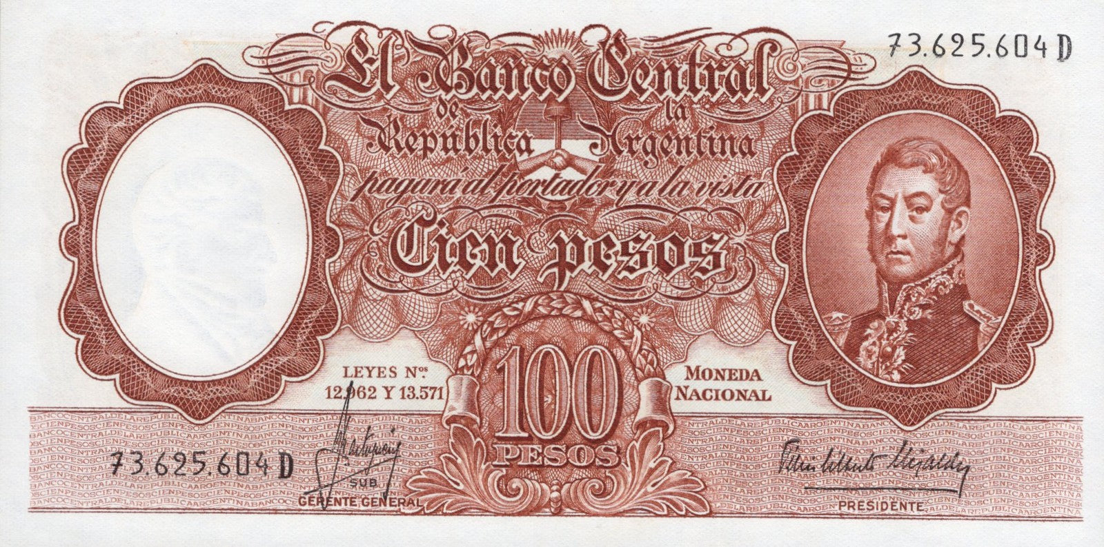 Argentina 100 Pesos 1957-1966 P 272(7) UNC