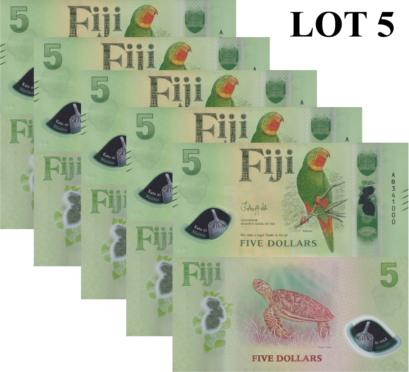 Fiji 5 Dollars 2026 P New Design Polymer UNC 1/20 Bundle Lot 5 pcs