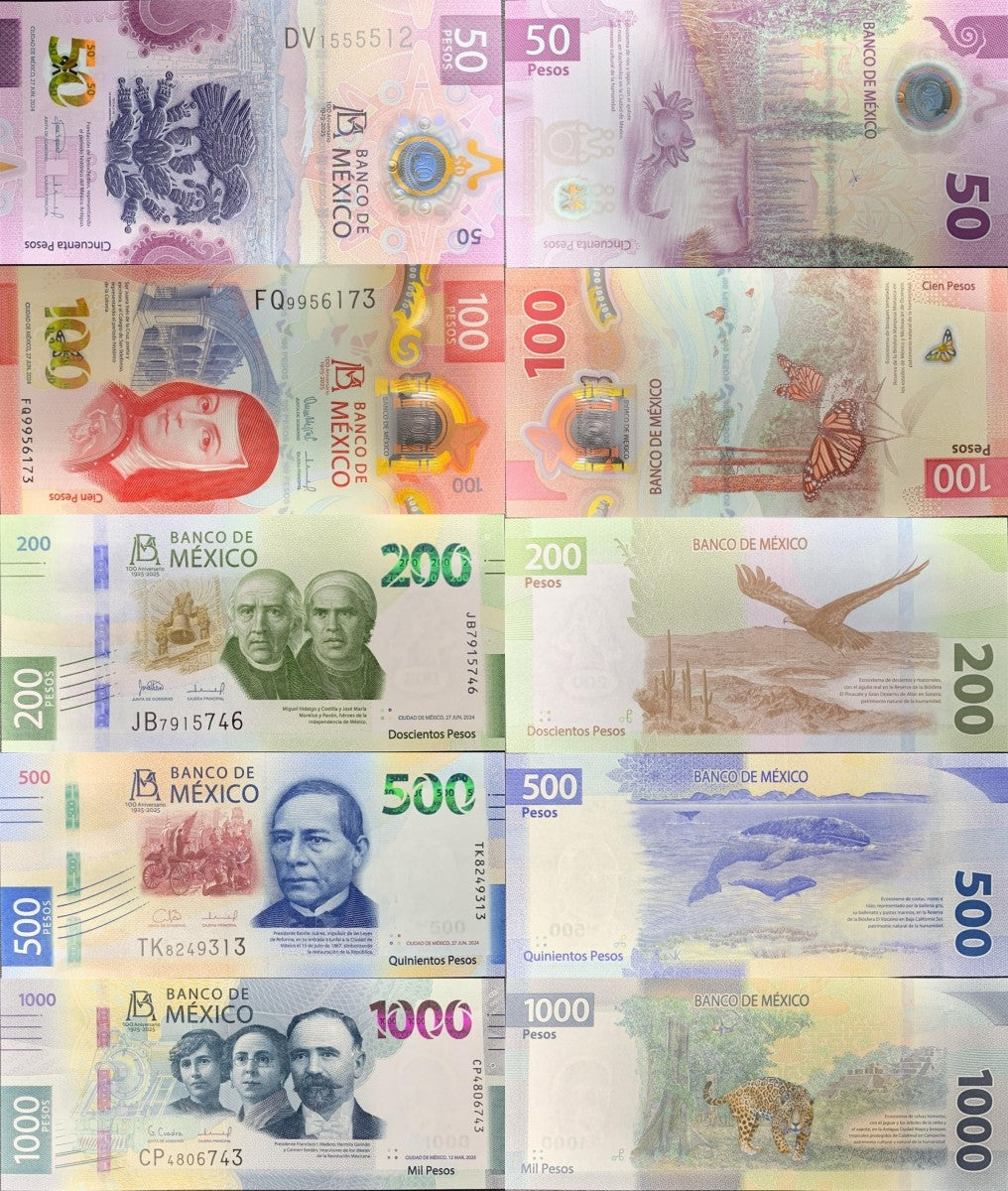 Mexico 50 100 200-1000 Pesos 2025 P New Issue Polymer Peper UNC COMM. Set 5 pcs