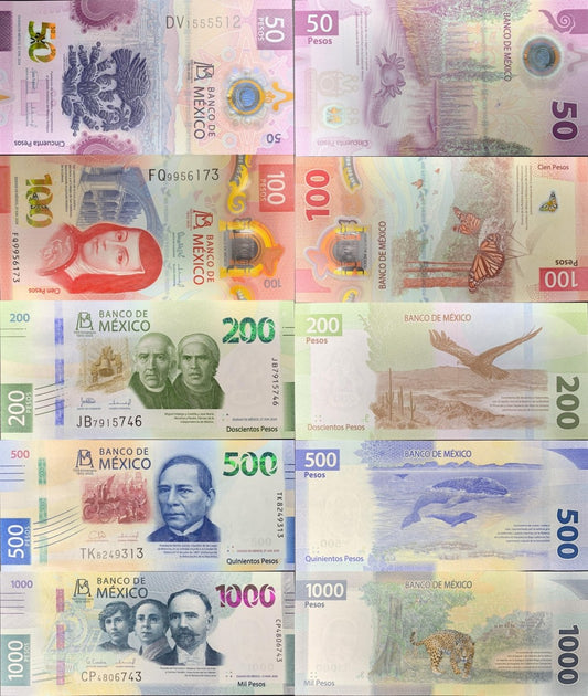 Mexico 50 100 200-1000 Pesos 2025 P New Issue Polymer Peper UNC COMM. Set 5 pcs
