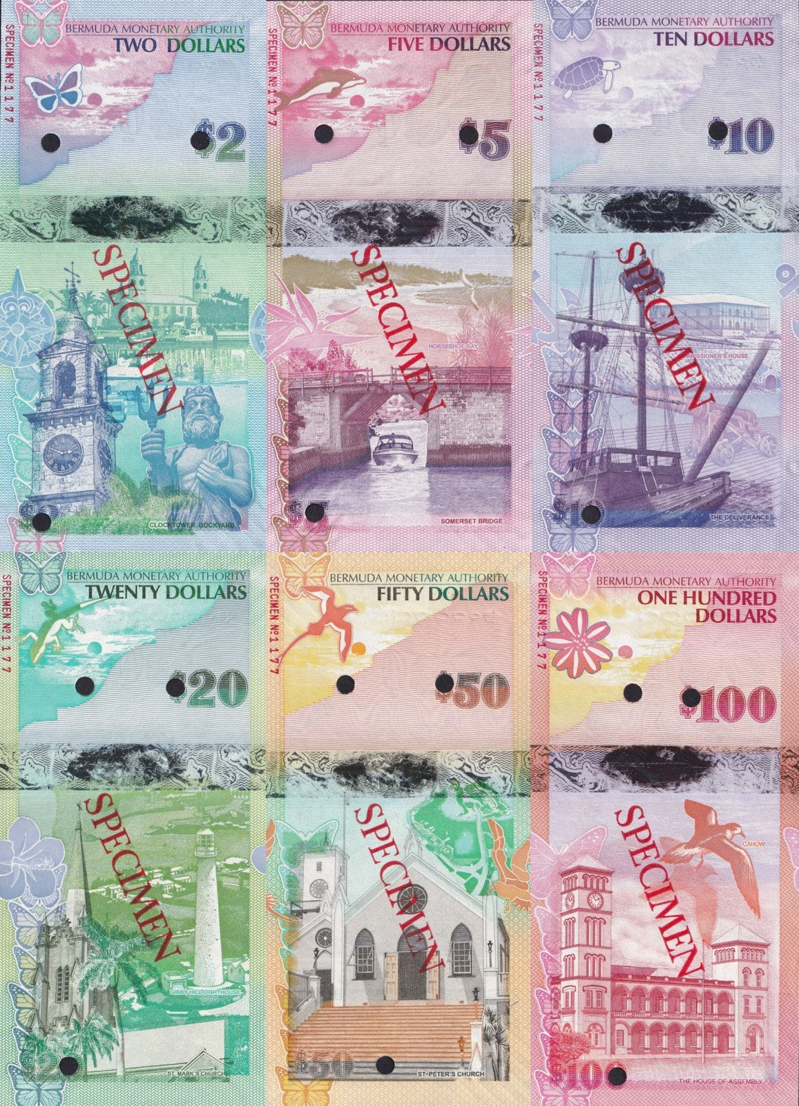 Bermuda 2 5 10 20 50 100 $ 2009 P 57 58 59 60-62 UNC Set 6 Onion Prefix SPECIMEN