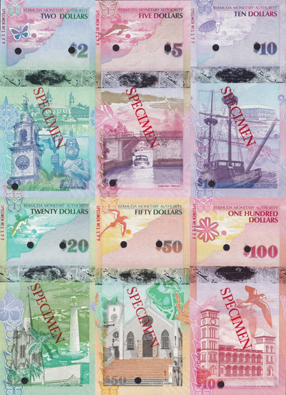 Bermuda 2 5 10 20 50 100 $ 2009 P 57 58 59 60-62 UNC Set 6 Onion Prefix SPECIMEN