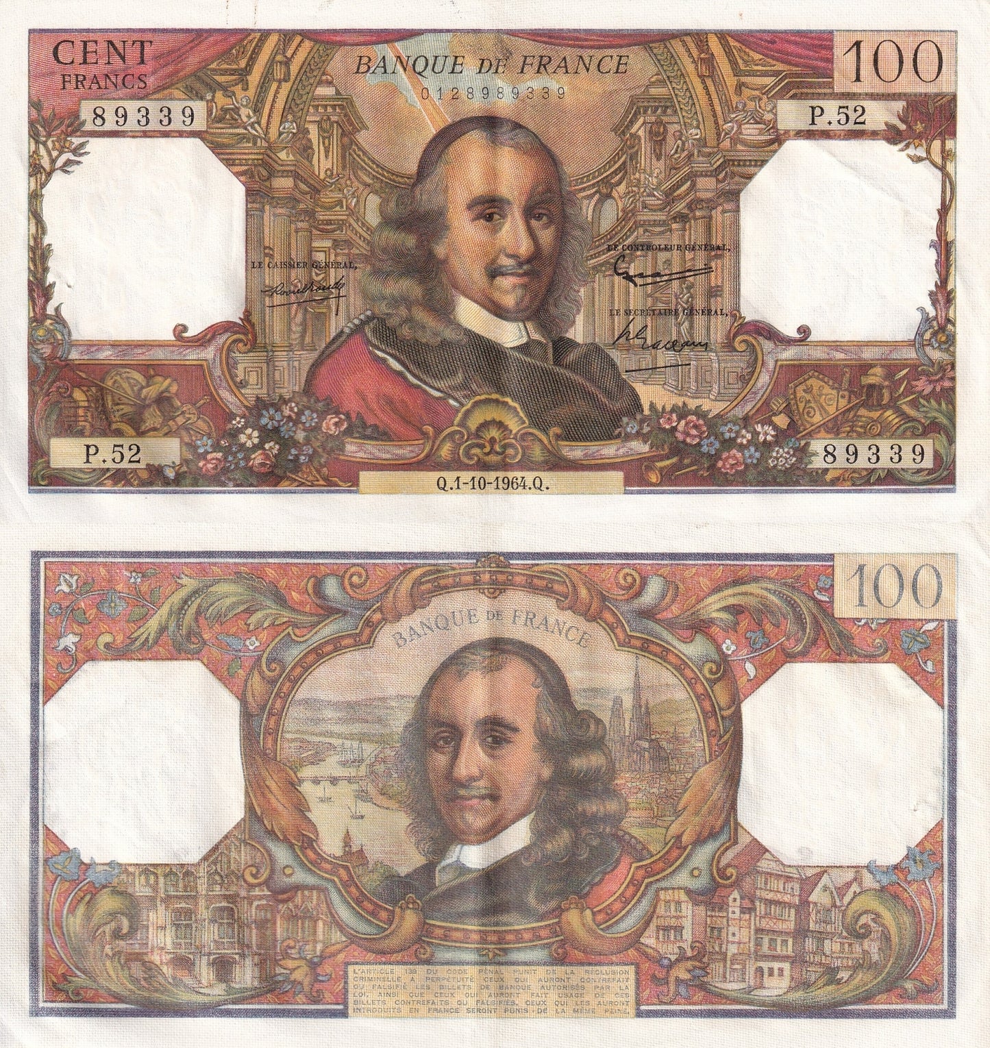 France 100 Francs 1964 P 149a EF W/HOLE 